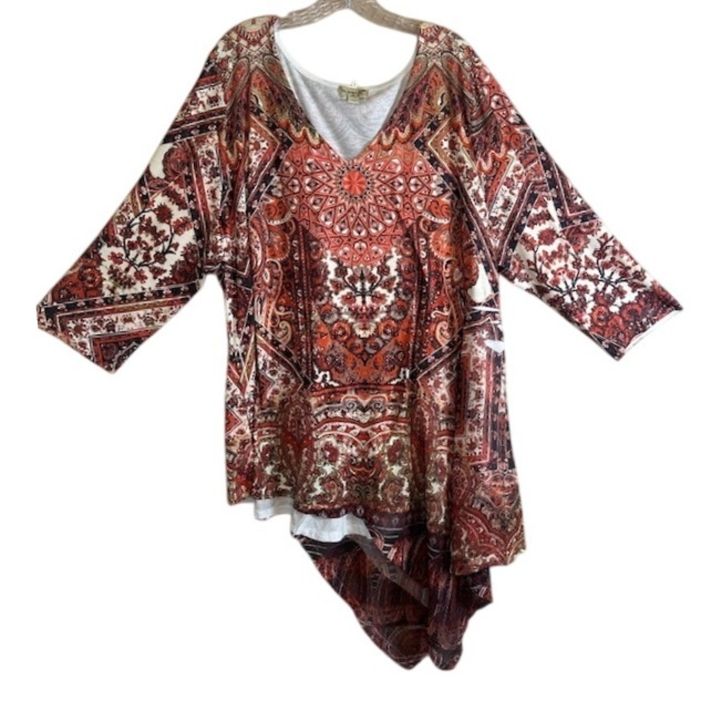 One World Women's Boho Red Brown Paisley Printed Long Tunic Blouse Plus Size 3X